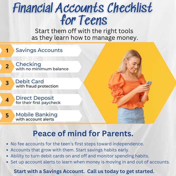 Financial Accounts Checklist for Teens; Savings, Checking, Debit Card, Direct Deposit and Mobile Banking